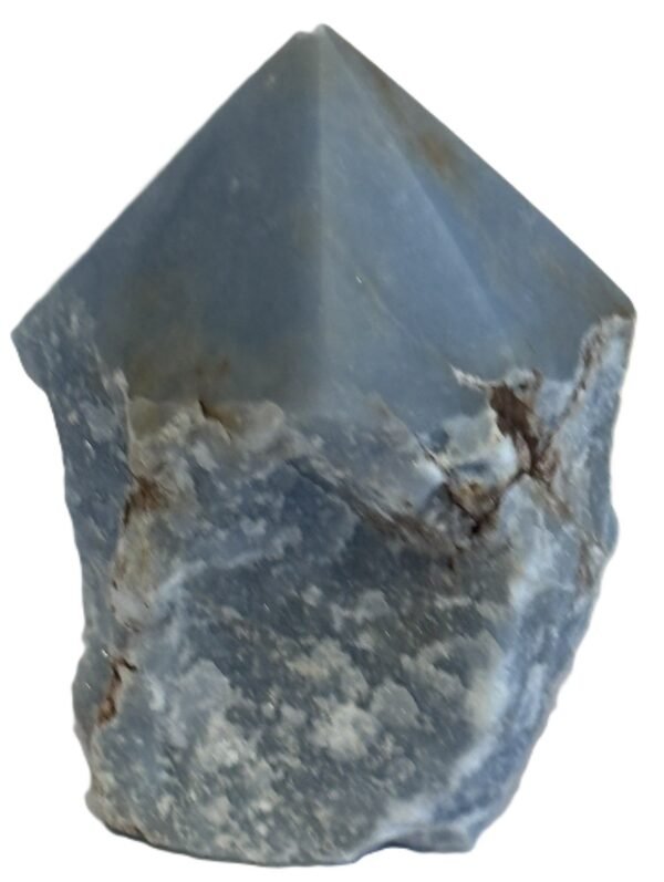 Natural rough angelite freeform with polished point 1 sians emporium Natural rough angelite freeform crystal with unpolished sides and a smooth polished blue point standing on a white background
